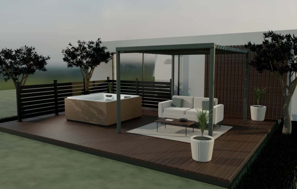 Actual render from the platform's Garden studio: a hot tub, a fence, a pergola and terrace seating