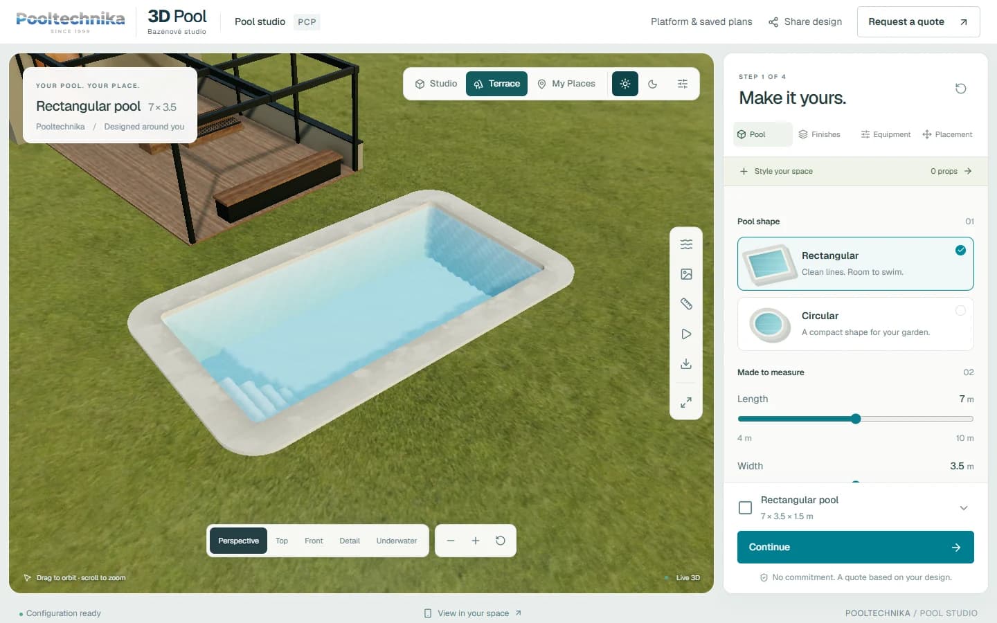 The working Pooltechnika 3D Pool studio: a rectangular pool on a terrace with the shape, size and finish choices beside it