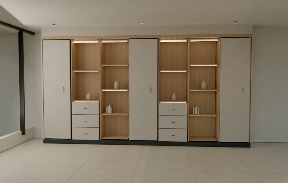 Actual render of a storage wall with tall fronts, drawers and open niches