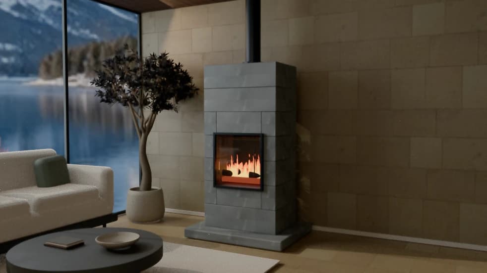 Actual render of a soapstone stove beside a sofa