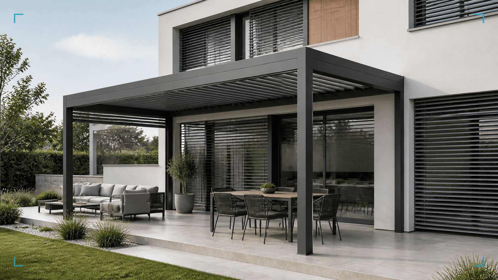 Illustrative pergola and exterior-shading product configuration in a residential setting