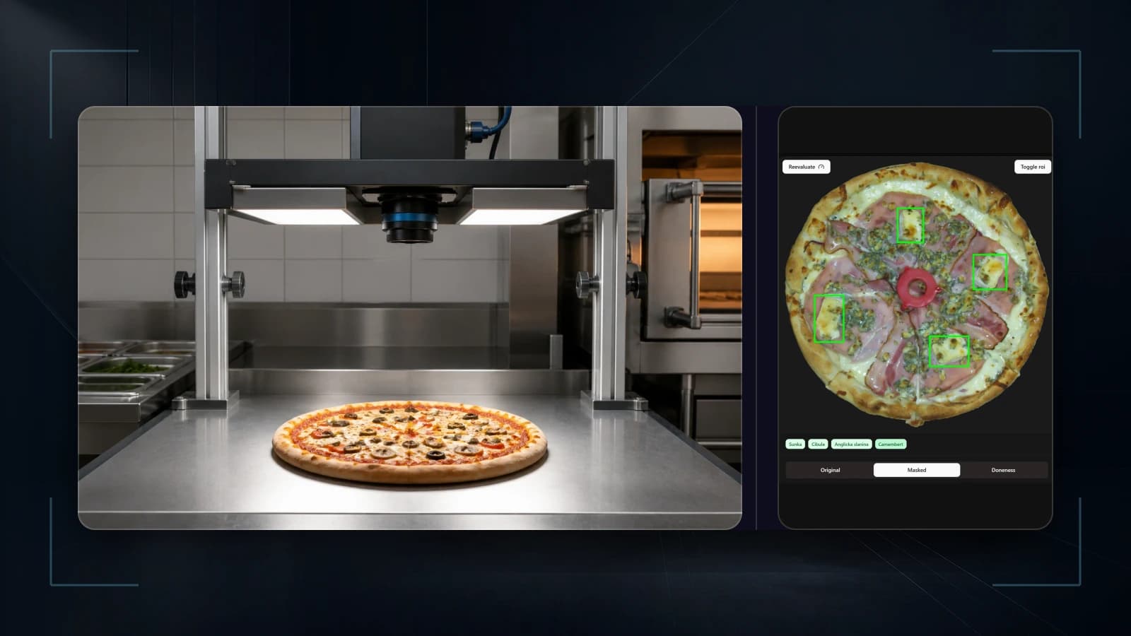 Pizza Checker capture station and privacy-safe evaluation interface in one evidence composition