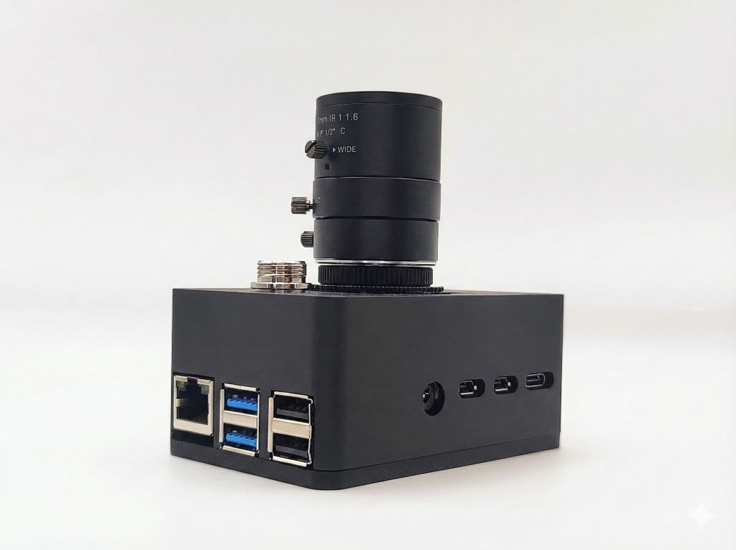 Enclosed Algovectra camera unit, rear three-quarter view with wired ports