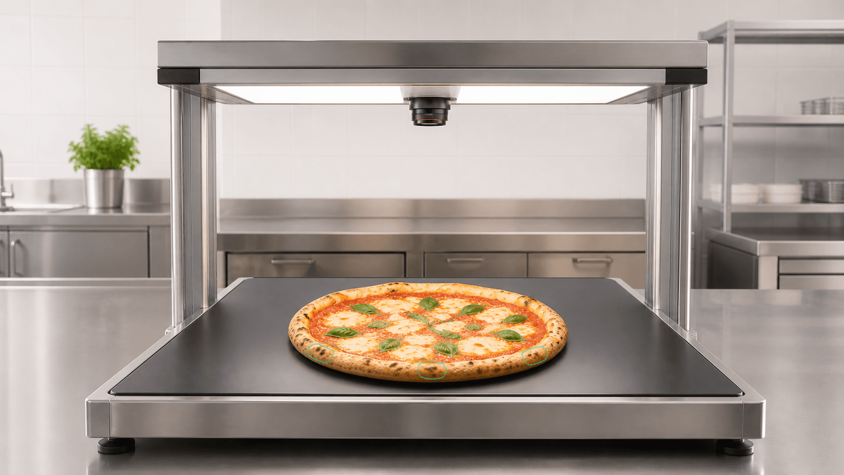 Illustrative commercial pizza inspection station with a controlled camera and analysis light