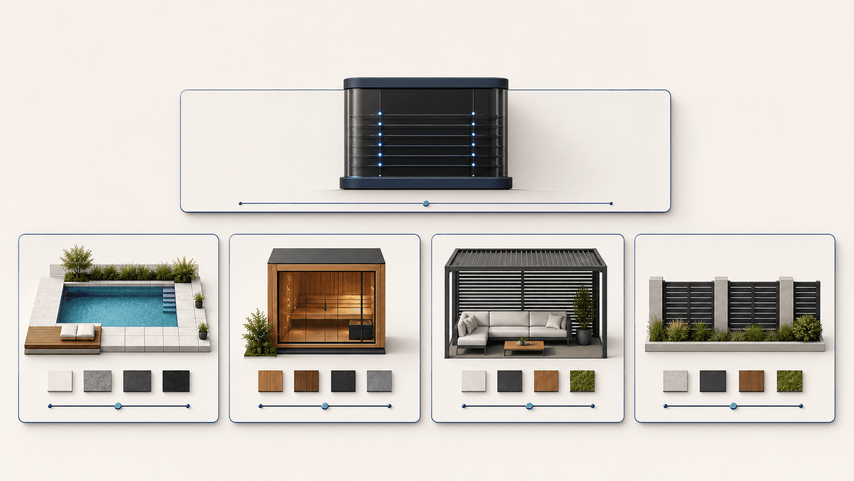 Illustrative configuration platform serving pool, sauna, pergola, exterior-shading, and fence product families from one central system